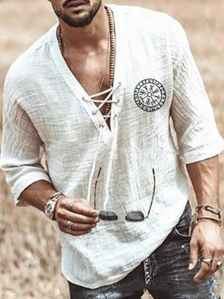 Printed Men's Chest Tie Mid Sleeve T Shirt Shirt